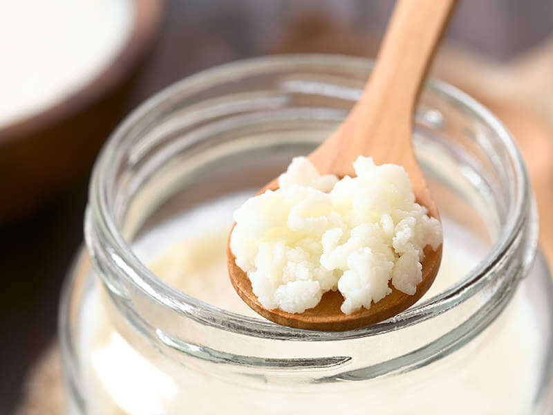 Milk kefir grains are a combination of lactic acid bacteria and yeasts, suspended in a mix of sugar, lipids and protein, which forms a cauliflower like structure. These grains are added to milk to initiate the fermentation process. 